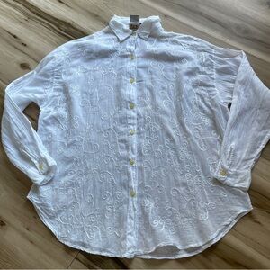 Vintage White Embroidered Ladies Shirt Size L